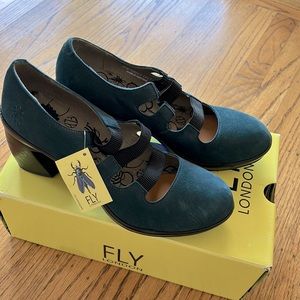 Fly London Reef blue Triple Maryjane stacked heel shoe size 41 NWT